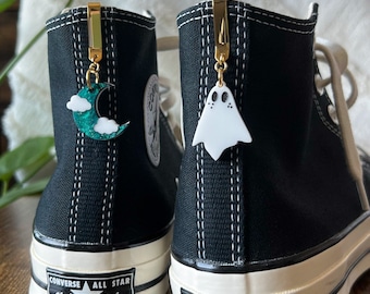 SET | Emerald Starry Moon and Ghost Shoe Clips, Shoe Charms, High Top Sneaker or Boot Clips, Acrylic Keychain Shoe Accessory