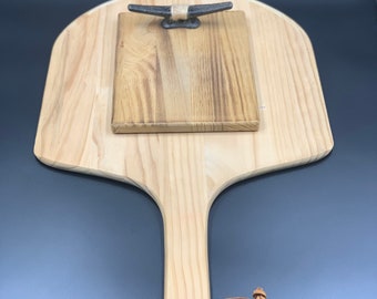 Wooden pizza peel and cheese cutting board set