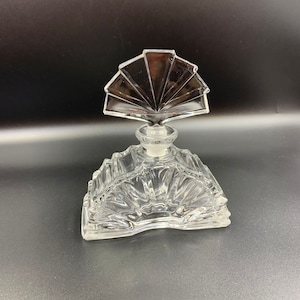 Vintage clear glass art deco style fan shaped perfume bottle