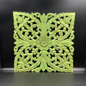 Hand carved distressed Electric lime medallion wooden wall art decor, 15” made in India / Mandala headboard wall art