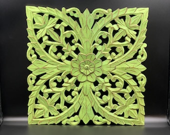 Made in India Hand carved wooden medallion  wall art decor Electric lime color
