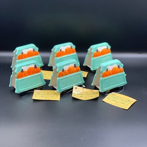 Ceramic Fall market aqua pickup truck with pumpkins napkin ring / card holder set of 6