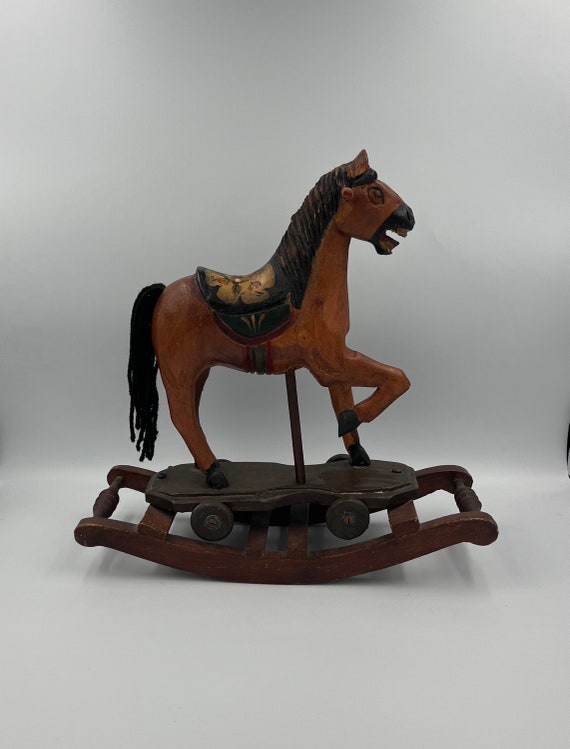 Antique Hand Carved Wooden Rocking Horse, Folk Art Sculpture