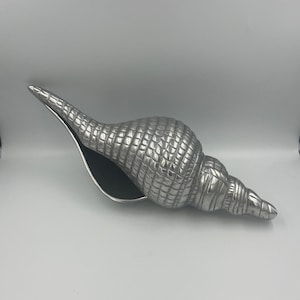 Vintage Pewter Distaff Spindle Conch Shell, Coastal Decor