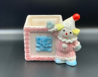 Vintage Japanese Colorful ceramic clown multi-use box planter/ tissue box/ candle or pencil color holder