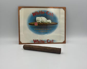 Original Vintage label of White - Cat cigar box, with copper frame / Ready to hang wall art / Cigar collectors / Collectors of tobacciana. 