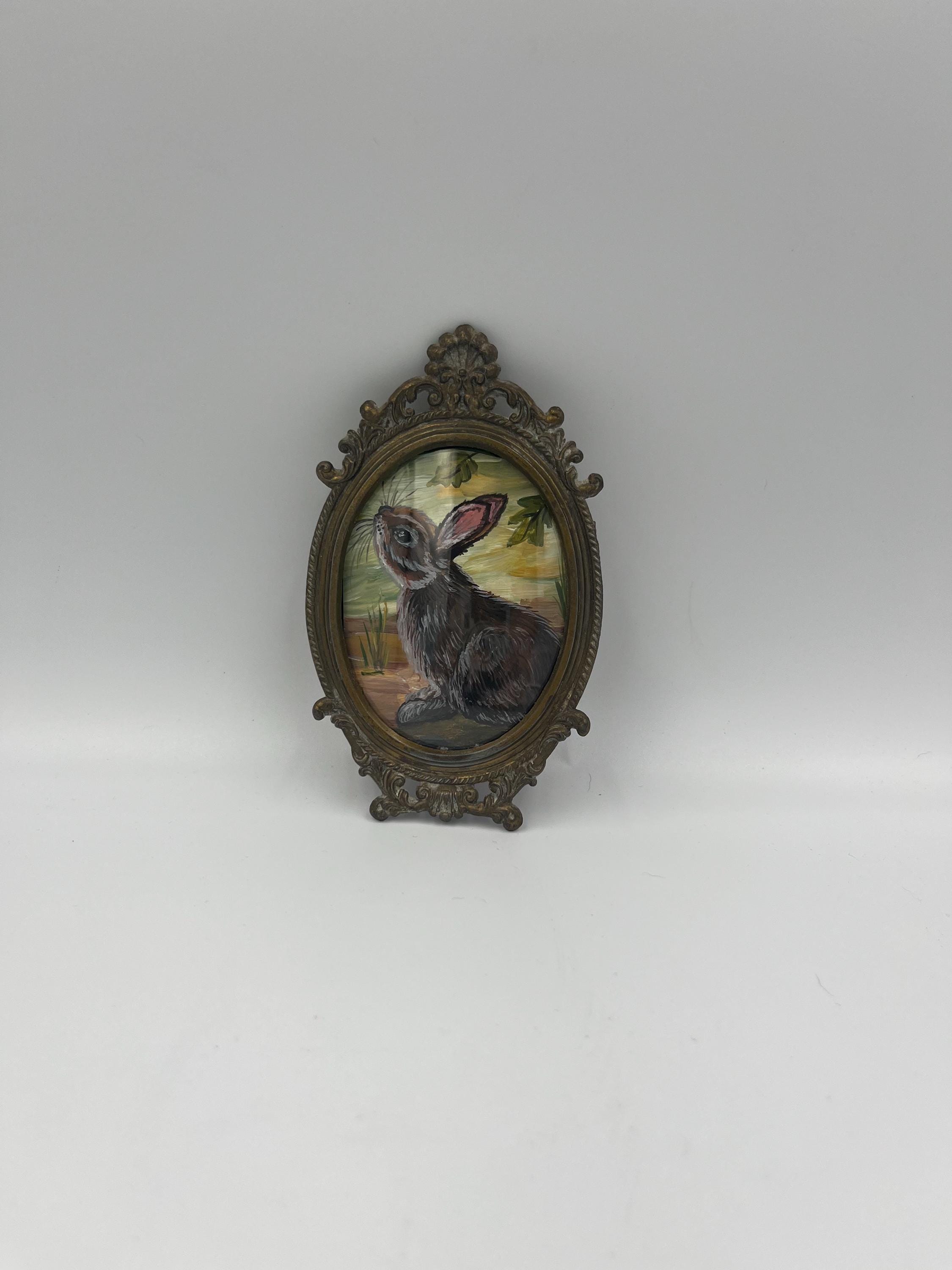Antique Italian Brass Framed Rabbit Painting, Farmhouse Decor