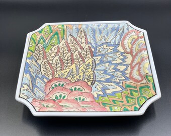 Vintage 1970s Chinese  floral square pink ornamental porcelain plate
