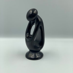 Hand Carved Soapstone 6.25” Tall Parent And Child Sculpture In Black Made in Kenya