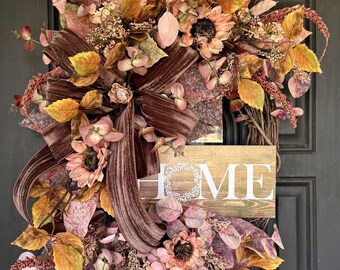 Vibrant Fall Wreath with Autumn Leaves, Fall Front Door Wreath with HOME Sign, Rustic Farmhouse Decor, Luxury Fall Wreath with Mauve Florals
