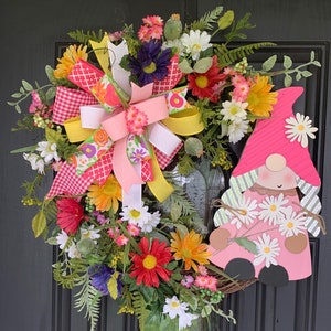 Spring Wreath, Summer Wreath, Colorful Wreath, Floral Wreath, Gnome Wreath, Gnome Wreath for Front Door, Spring Front Door Wreath,