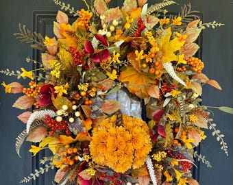 Vibrant Fall Wreath with Autumn Leaves, Berries, and Handmade Rustic Bow for Seasonal Door Decor, Fall Wreath, Farmhouse Autumn Door Decor,
