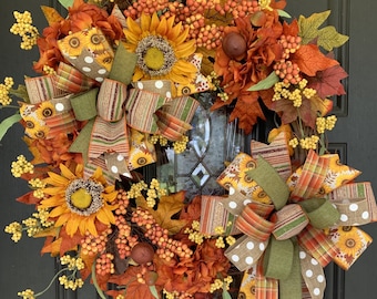 Fall Wreath, Autumn Wreath, Sunflower Wreath, Floral Wreath, Fall Wreath for front door, Fall Decor, Grapevine Wreath, Front Door  Wreath