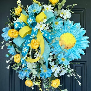 Double Door Summer Wreaths, Blue and Pink Floral Wreaths, Spring and Summer Front Door Decor, Blue Summer Wreath, Pink Summer Wreath,