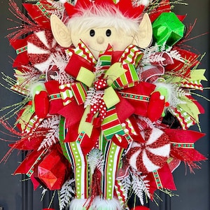 Handmade Christmas Elf Wreath, Whimsical Christmas Wreath, Elf Themed Christmas Decor,  Elf Wreath with Peppermint Candy Decor, Elf Wreath