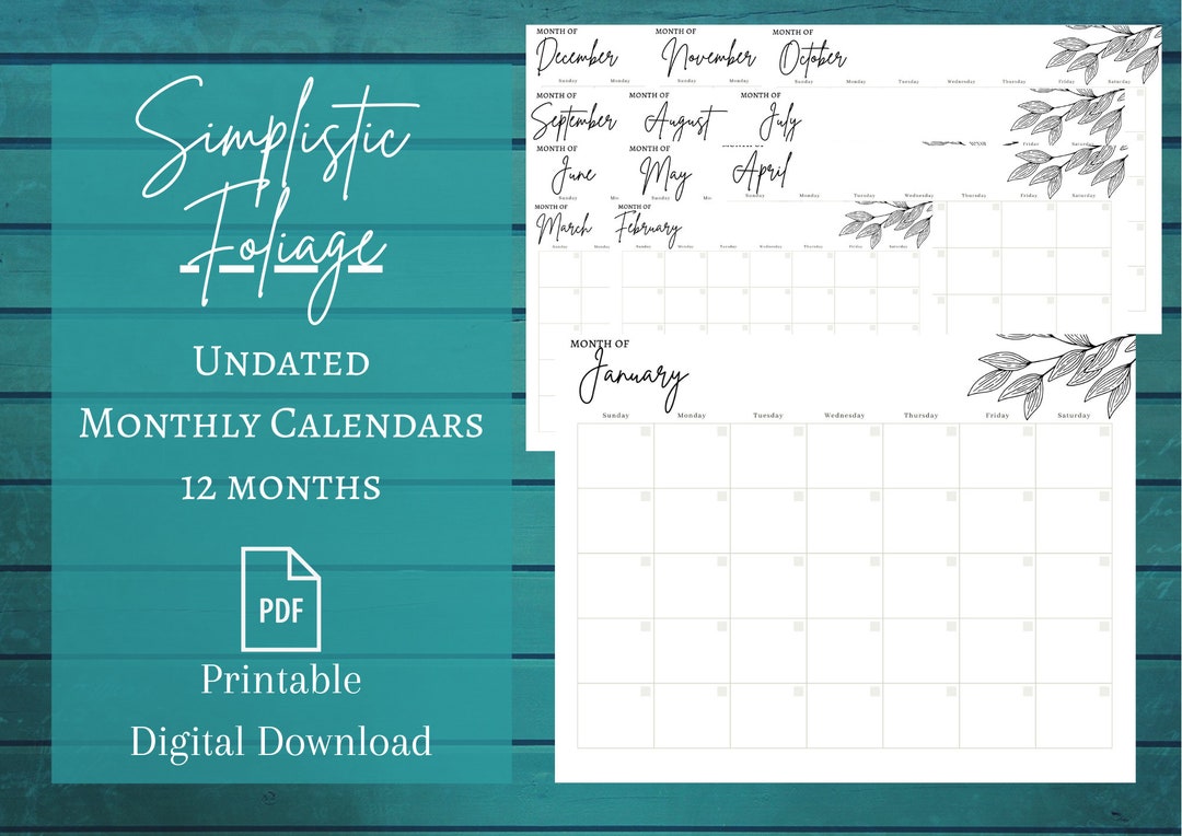 Simplistic Foliage Undated 12 Sheet - 12 Month Calendar - Etsy