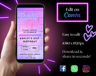 Plantilla de invitación de cumpleaños digital de luz de neón púrpura, invitación de teléfono de mensaje de texto, brillo púrpura, fiesta de adolescentes, fiesta de niñas, cualquier edad móvil evitar