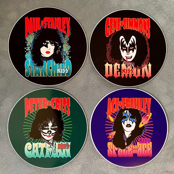 KISS 4 Pack Round 4”x4” Stickers! Waterproof vinyl!!