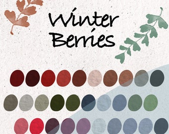 Può includere: Un'illustrazione digitale di 30 campioni di colore per Procreate, intitolata "Winter Berries". I campioni sono disposti in tre file da dieci, con una varietà di tonalità di rosso, marrone, verde, blu e viola. L'immagine include anche il testo "@milliehermajesty" e un logo che dice "Millie her majesty".
