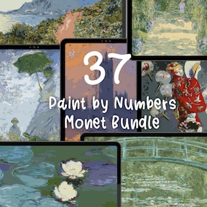 Pode incluir: Uma colagem de 37 imagens diferentes de pintura por números que apresentam a obra de Claude Monet. As imagens incluem nenúfares, pontes, jardins e outras pinturas famosas de Monet. O texto "Paint by Numbers Monet Bundle" é exibido no centro da colagem.