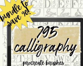 795 Calligraphy Bundle for Procreate. Watercolor, Shadow, Textured Calligraphy, Color Changing and More Special Brushes. 8 Calligraphy Grids