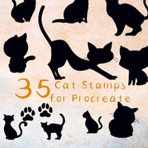 35 selos de silhueta de gato para Procreate. Gatos de vários tamanhos em diferentes formas em cores sólidas. Licença Pessoal e Comercial.
