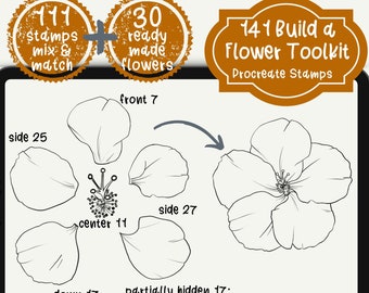 141 tampons de procréation Construire une boîte à outils de fleurs Procreate Bundle : 30 tampons de fleurs 111 pétales etc. Procreate Brushes like Rose Daisy Peony Lily