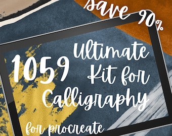 Lot ultime de calligraphie procréer. Procreate des pinceaux pour le lettrage à la main, les grilles de lettrage, les textures de papier en toile, les palettes de couleurs, etc.