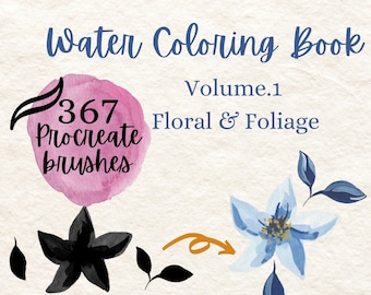 May include: Watercoloring book with 367 Procreate brushes, featuring floral and foliage designs. The cover shows a blue flower with leaves and a black star shape.