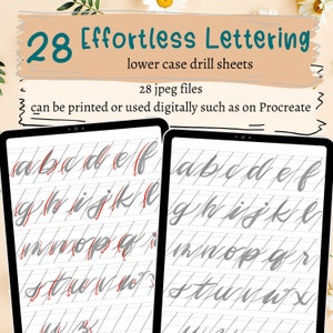 28 feuilles d'exercices pour lettrage sans effort - minuscules. 28 fichiers JPEG à imprimer ou à utiliser numériquement pour pratiquer la calligraphie au pinceau avec des grilles de lettrage
