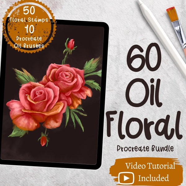 Oil Floral Procreate Bundle. 30 Flower Stamps 20 Floral Compositions 10 Deadly Real Thick Texture Oil Brushes for Procreate 3 Color Palettes