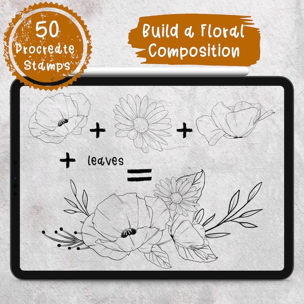 50 Build a Composition Procreate Stamps: 30 Flower Stamps 20 Floral Compositions. Procreate Brushes like Rose Daisy Peony Lily Petals Bulbs