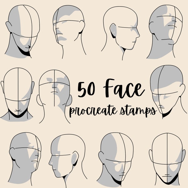 50 tampons de procréation de visage sans effort. Formes de visage Procreate Brushes Croquis de visage avec lignes directrices Visage avec ombres Anime Procreate Bundle