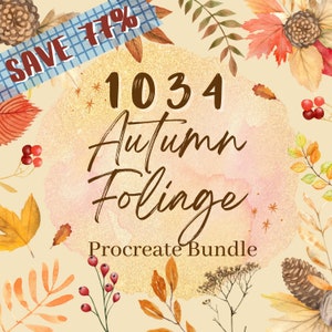 1034 Herbstlaub Procreate Bundle. Herbstliche Stempel und Farbpaletten. Herbstelemente wie Pilz, Kürbis, Ahornblätter, Zapfen, Rahmenkranz
