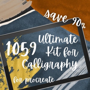May include: A tablet screen with a blue and gold background. The text on the screen reads "1059 Ultimate Kit for Calligraphy for Procreate. Save 90%."