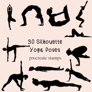 30 Solid Yoga Poses Silhouette Procreate Stamps. Downward Facing Dog, Warrior Pose, Cat Cow Yoga, Shoulder Stand, Plank Pose, Lotus Pose