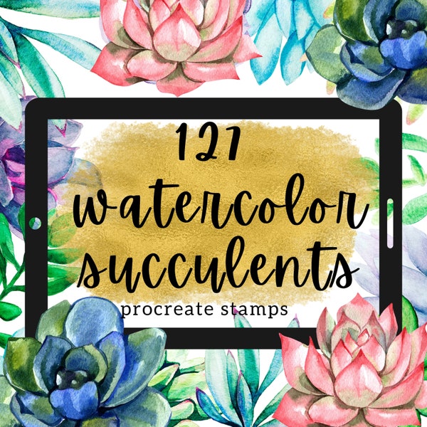 127 tampons de procréation de plantes succulentes à l'aquarelle. Toutes sortes de cactus en texture aquarelle : jade nain, lis de Pâques, plante de jade, jelly bean, etc.