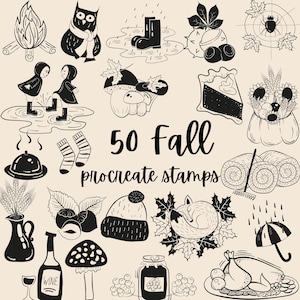 50 Herbst Procreate Briefmarken. Herbst Stempel mit Herbst Elemente wie Pilz Kürbis Kuchen Stiefel Handschuhe Erntedank Ernte Getränke Feuer