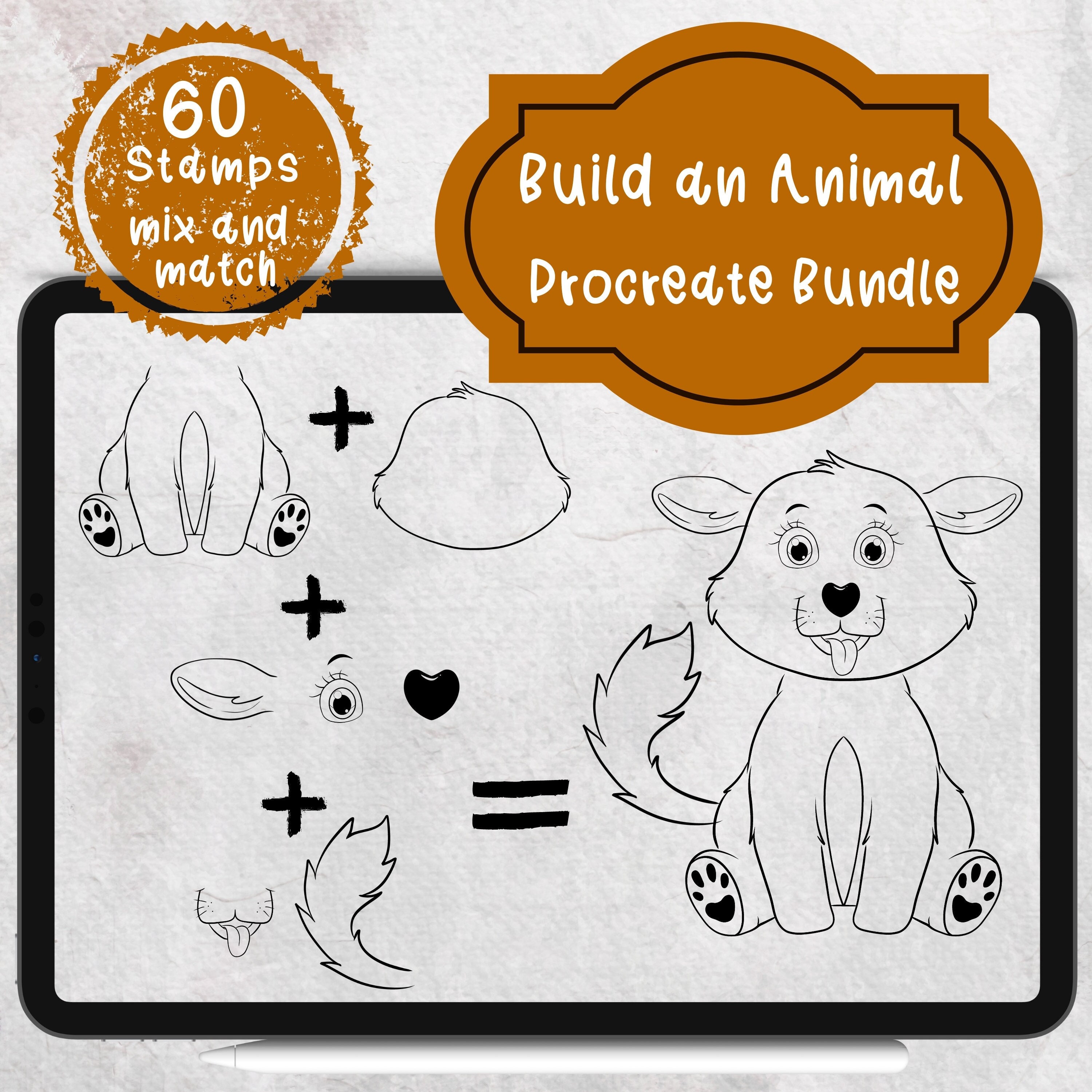 Effortless Animal Builder for Procreate – 60 Premium Stamps for Bodies, Heads, Eyes, Ears, Noses, Mouths, Tails & Trunks