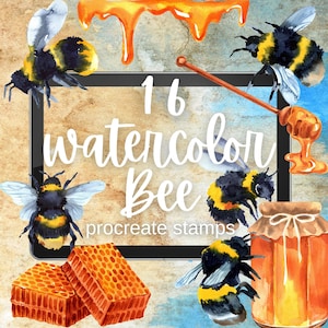 Watercolor Bee Procreate Stamps. Honey Bee, Honeycomb, Honey Dip, Honey Jar, Summer Vibes, Wild Landscape, Golden Honey Procreate Brushes.