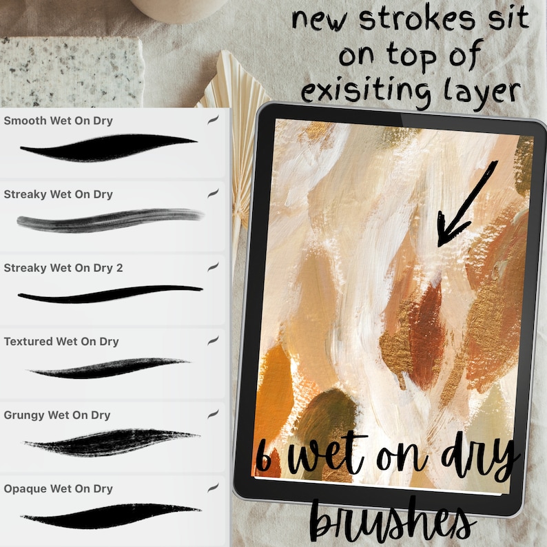 May include: A digital tablet displaying a variety of brush strokes on a brown and white background. The text "6 wet on dry brushes" is displayed on the tablet. The text "new strokes sit on top of existing layer" is displayed above the tablet.