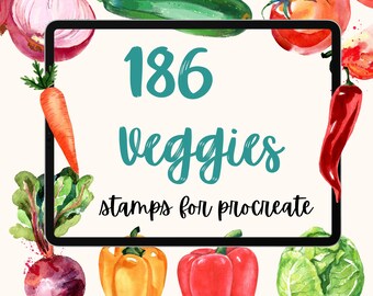Lot de 186 légumes procréer : tampons aquarelle, tampons linéaires et tampons solides. Champignon, avocat, citrouille, olive, maïs, brocoli, chou frisé, etc.