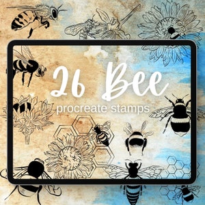 26 Bee Procreate Stamps. Honey Bee, Wasp, Honeycomb, Honey Dip, Summer Insect, Summer Vibes, Wild Landscape, Mountain Procreate Brushes.