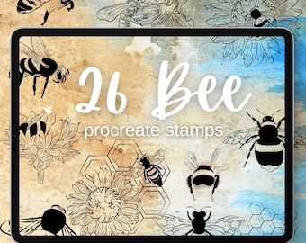 26 Bee Procreate Stamps. Honey Bee, Wasp, Honeycomb, Honey Dip, Summer Insect, Summer Vibes, Wild Landscape, Mountain Procreate Brushes.