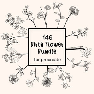 146 Birth Flowers Procreate Bundle: Procreate Stamps of Hand Drawn Flowers, Stems, Leaves and Floral Color Palettes. Mix and Match Elements.