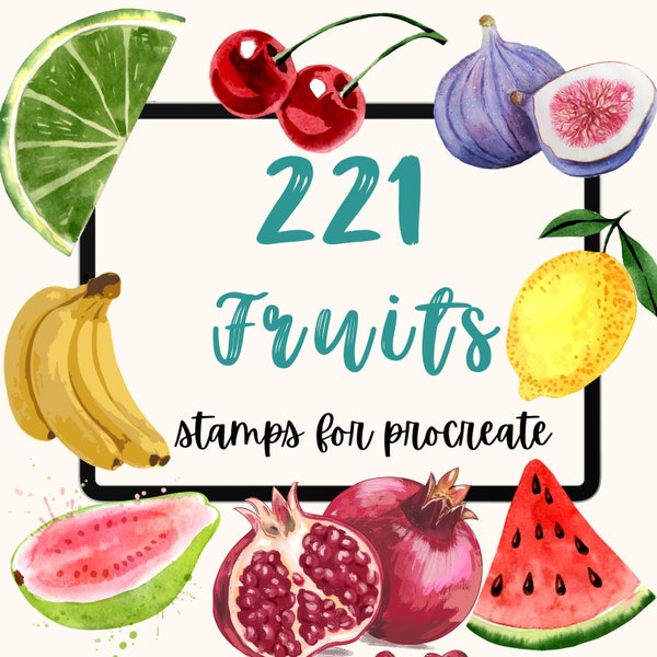 221 Fruit Stamps Procreate Bundle: Watercolor Stamps, Line and Solid Stamps. Apple Melon Berry Lemon Pear Guava Kiwi Fig Peach Mango etc
