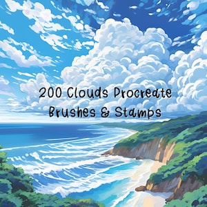 May include: A digital illustration of a blue sky with white clouds over a green and blue ocean. The text "200 Clouds Procreate Brushes & Stamps" is in the centre of the image.