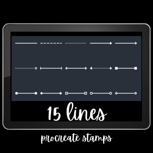 15 Zeilen Procreate Stempel. Einfarbige Linie, Linien mit Pfeil, gepunktete Linie, Planerlinie, Scrapbooking-Linie, Kalligrafielinie Procreate Brushes.