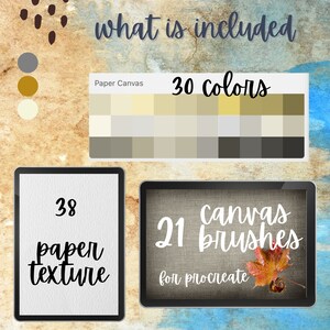 May include: A digital tablet screen displaying a digital illustration of a canvas texture with the text "21 Canvas Brushes for Procreate". The screen is surrounded by a black frame. The tablet is sitting on a blue and brown background.