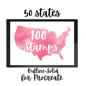 50 Staaten für Procreate - 100 Stempel 50 Outline und 50 Solid für alle 50 Staaten von Amerika. Unabhängigkeitstag 4. Juli. Kommerzielle Lizenz.